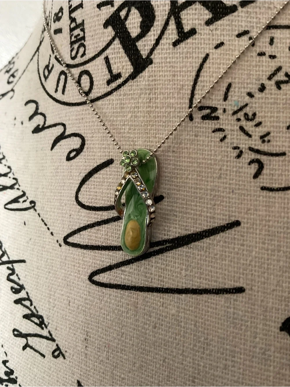 Beachy Green Flip-Flop Pendant Necklace with Crystal Accents